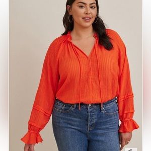Torrid 2X Orange Stripe Gauze Lace-Up Flounce Sleeves Peasant Top Size 2
